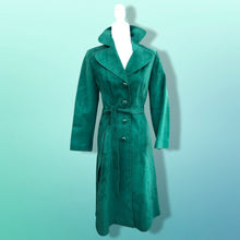 Load image into Gallery viewer, Emerald Green Suede 70’s Coat Rounded Collar Studio 54 Trench Spy Coat