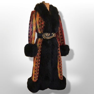 60s Tapestry Carpet Coat Needlepoint Embroidered Red, Yellow, Gold, Black Shearling Russian Princess Coat Festive Winter