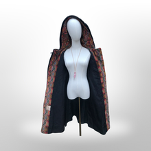 Load image into Gallery viewer, Vintage Hooded Tapestry Carpet Needlepoint Multi Color Rich Coat with Faux Fur Trim and Beaded Belt Boho Princess Boho Chic