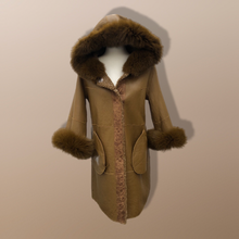 Load image into Gallery viewer, New Tan Shearling Lamb and Leather Fox Fur Hooded Coat Reversible Minimalistic