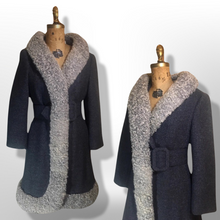 Load image into Gallery viewer, Lilli Ann Princess Mod Gray Wool Curly Lamb Princess 60s Belted Fit and Flare Small Coat