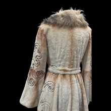 Load image into Gallery viewer, Embroidered Mocha Cream Colored Ombré Sheared Fur Beaver Princess Coat with Crystal Accents Full Skirt and Flared Bell Sleeves Wearable Work of Art One of A Kind