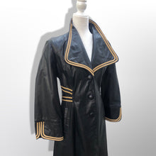 Load image into Gallery viewer, 70’s Leather Black Trench Spy Coat with Gold Braided Leather Trim