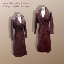 Load image into Gallery viewer, Vintage 70’s Leather Coat Trench Spy Collar Business Career Fitted Women’s Oxblood Maroon Bergundy