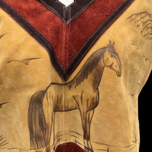 Load image into Gallery viewer, 70’s Suede Poncho Cape Equestrian Serape with Carved Horse Scene Mint Condition Fringe Border One Size Fits All Cowboy Cowgirl Unisex Southwestern Mexican Native Boho One of A Kind