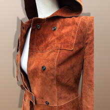 Load image into Gallery viewer, 70’s Vintage Suede Hooded Orange Rust Coat Small Petite Heavy Duty Snap Closure