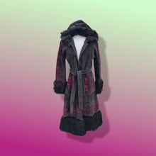 Load image into Gallery viewer, Boho Embroidered Suede Brown and Magenta faux shearling princess hooded coat