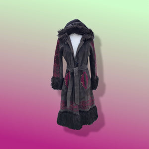 Boho Embroidered Suede Brown and Magenta faux shearling princess hooded coat