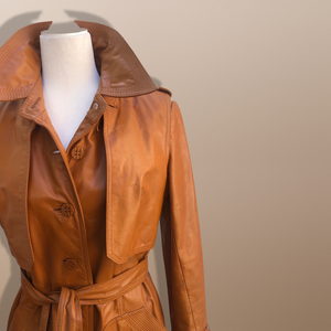 70’s Vintage Two Piece with Removable Vest with Coat Leather Caramel Colored Trench Spy Coat Belted