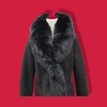Load image into Gallery viewer, New Black Suede Shearling Lined Fox Fur Trim Luxury Coat