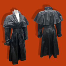 Load image into Gallery viewer, Vintage GLAM 80’s 90’s Rare Leather Long Cape Coat 38”Bust with Wide Belt Fitted and Flared Studio 54 Couture Super Model Runway The Matrix Goth SuperGlam