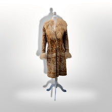 Load image into Gallery viewer, Boho Penny Lane Caramel Suede Sheepskin Curly Mongolian Lamb Intricate Embroidery Embroidered Coat Custom Made in France