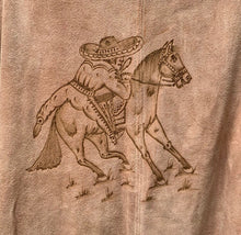 Load image into Gallery viewer, 70’s Suede Poncho Cape with Carved Horse Scene Mint Condition Fringe Border One Size Fits All