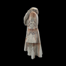 Load image into Gallery viewer, Embroidered Mocha Cream Colored Ombré Sheared Fur Beaver Princess Coat with Crystal Accents Full Skirt and Flared Bell Sleeves Wearable Work of Art One of A Kind