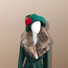 Load image into Gallery viewer, Vintage Forest Green 100% Wool Wrap Coat with Genuine Fur Collar