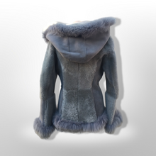 Load image into Gallery viewer, Gray Blue Suede Shearling Hooded Flare Bell Sleeve Coat