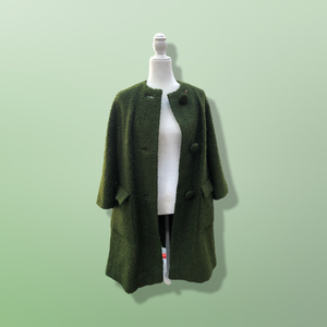 60’s Green Vintage Coat Wear Two Ways Removable Fox Fur Swing Coat Boucle Wool