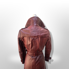 Load image into Gallery viewer, Vintage 70’s Leather Coat Trench Spy in Bergundy Oxblood Highly Detailed