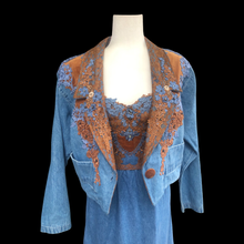 Load image into Gallery viewer, 80’s Vintage Three Piece Jean and Lace Skirt Bustier and Jacket Beaded and Embroidered Cowgirl Cowboy Beyoncé Style