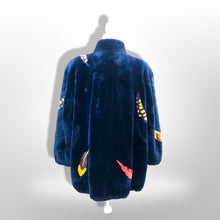 Load image into Gallery viewer, Zuki Style Ultra Soft Sheared Blue Beaver Fur Zip up Bomber Intarsia Falling Leaves