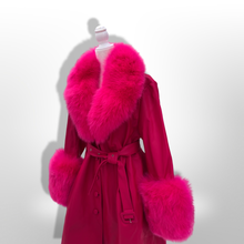 Load image into Gallery viewer, Vibrant Pink Leather and Fox Fur Trench Fit and Flare Pinup Coat