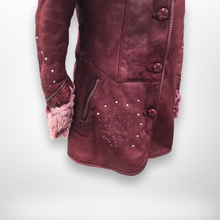 Load image into Gallery viewer, Italian made Purple Bergundy Lamb Leather and Shearling Hooded Studded Coat Jacket