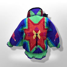 Load image into Gallery viewer, 80’s 90’s Neiman Marcus Genuine Down Puffer Coat in Rainbow Apres Ski “In Living Color” Pride Oversized Chubby Coat Rare Ski Winter Suede Fringr Native American Inspired Style