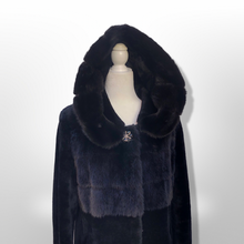 Load image into Gallery viewer, Jet Black Hooded Mink and Shearling Luxury Coat with Rhinestone Button