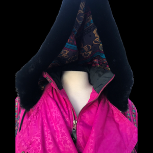 80’s 90’s Hot Pink Hooded Ski Windbreaker Jacket Cropped Tapered Waist Southwestern Aztec Trim