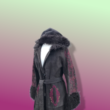 Load image into Gallery viewer, Boho Embroidered Suede Brown and Magenta faux shearling princess hooded coat