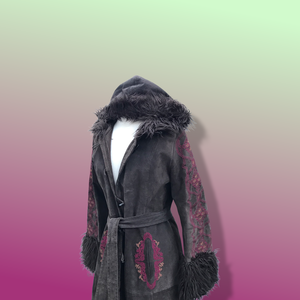 Boho Embroidered Suede Brown and Magenta faux shearling princess hooded coat