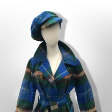 Load image into Gallery viewer, Made in Scotland Scottish Pure Mohair and Wool Plaid Coat Hat Scarf Three Piece Set Blue Yellow Wrap Style