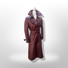 Load image into Gallery viewer, Vintage 70’s Leather Coat Trench Spy in Bergundy Oxblood Highly Detailed