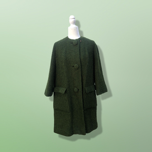 60’s Green Vintage Coat Wear Two Ways Removable Fox Fur Swing Coat Boucle Wool