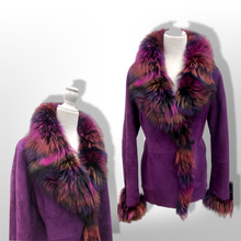 Load image into Gallery viewer, Purple Suede and Shearling with Rainbow Purple Dyed Fox Fur Ultra Soft Warm