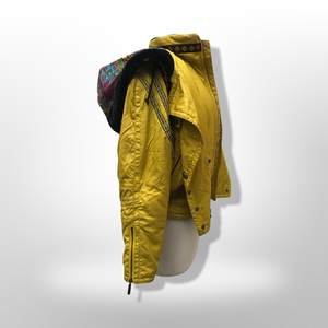 80’s 90’s Yellow Mustard Hooded Ski Windbreaker Jacket Cropped Tapered Waist Southwestern Aztec Trim