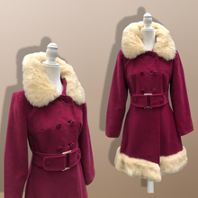 Load image into Gallery viewer, 60’s 70’s Velveteen Maroon Coat Vegan Faux Fur Belted