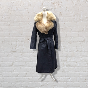 70’s Navy Leather Coat Trench Spy with Fox Fur Collar