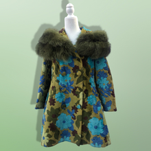 Load image into Gallery viewer, 60’s 70’s Tapestry Carpet Coat Blue Turquoise Green Beaded Belt Fur Fox Norwegian Collar