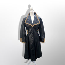 Load image into Gallery viewer, 70’s Leather Black Trench Spy Coat with Gold Braided Leather Trim