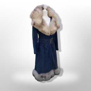 1970’s Vintage Blue Suede and Fox Fur Belted Bohemian Boho Chic Princess Hippy Burning Man Coachella Festival Fall Winter Coat