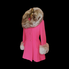 Load image into Gallery viewer, 60s Pink Lilli Ann Norwegian Fox Fur Coat Fit and Flare Neon Florescent Bright Pink Double Breasted Princess