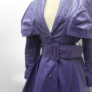 RARE Vintage Women's Coat- 70s 80s Purple Violet Leather Trench Dress Coat Jacket Studio 54 Fit Flare Spy Length 3/4 Princess Price: