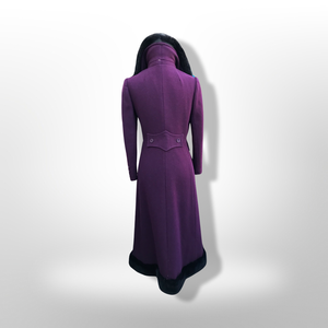 60’s 70’s Plum Purple Long Princess Coat with Sharp Tailoring and Faux Fur Trim