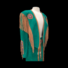 Load image into Gallery viewer, Women’s Western Turquoise Blue Suede Set Jacket and Skirt Genuine Suede and Hand Beaded SouthWestern Native Inspired Cowgirl