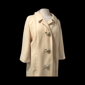 60’s White Cream Bataldi Wool Swing Coat with Large Crystal Buttons