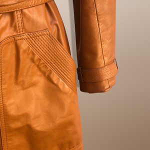 70’s Vintage Two Piece with Removable Vest with Coat Leather Caramel Colored Trench Spy Coat Belted
