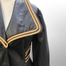 Load image into Gallery viewer, 70’s Leather Black Trench Spy Coat with Gold Braided Leather Trim