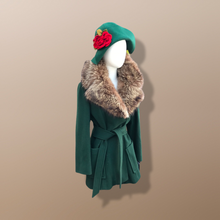 Load image into Gallery viewer, Vintage Forest Green 100% Wool Wrap Coat with Genuine Fur Collar
