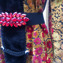 Load image into Gallery viewer, 60s 70s Vintage Gold And Red Floral Carpet Tapestry Coat Velvet Sherpa Boho Chic Burning Man Woodstock Russian Princess Sergeant Pepper's